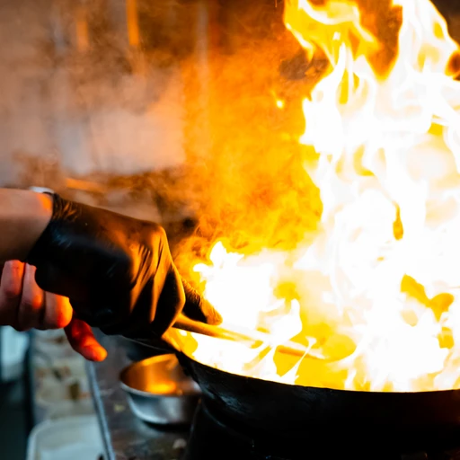 Kock som flamberar en wok över öppen låga i Fullmoon Woks kök